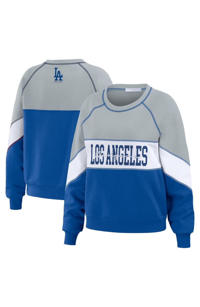 WEAR by Erin Andrews Women's WEAR by Erin Andrews Heather Gray/Royal Los Angeles Dodgers Color Block Crew Neck Pullover Sweatshirt, Main, color,