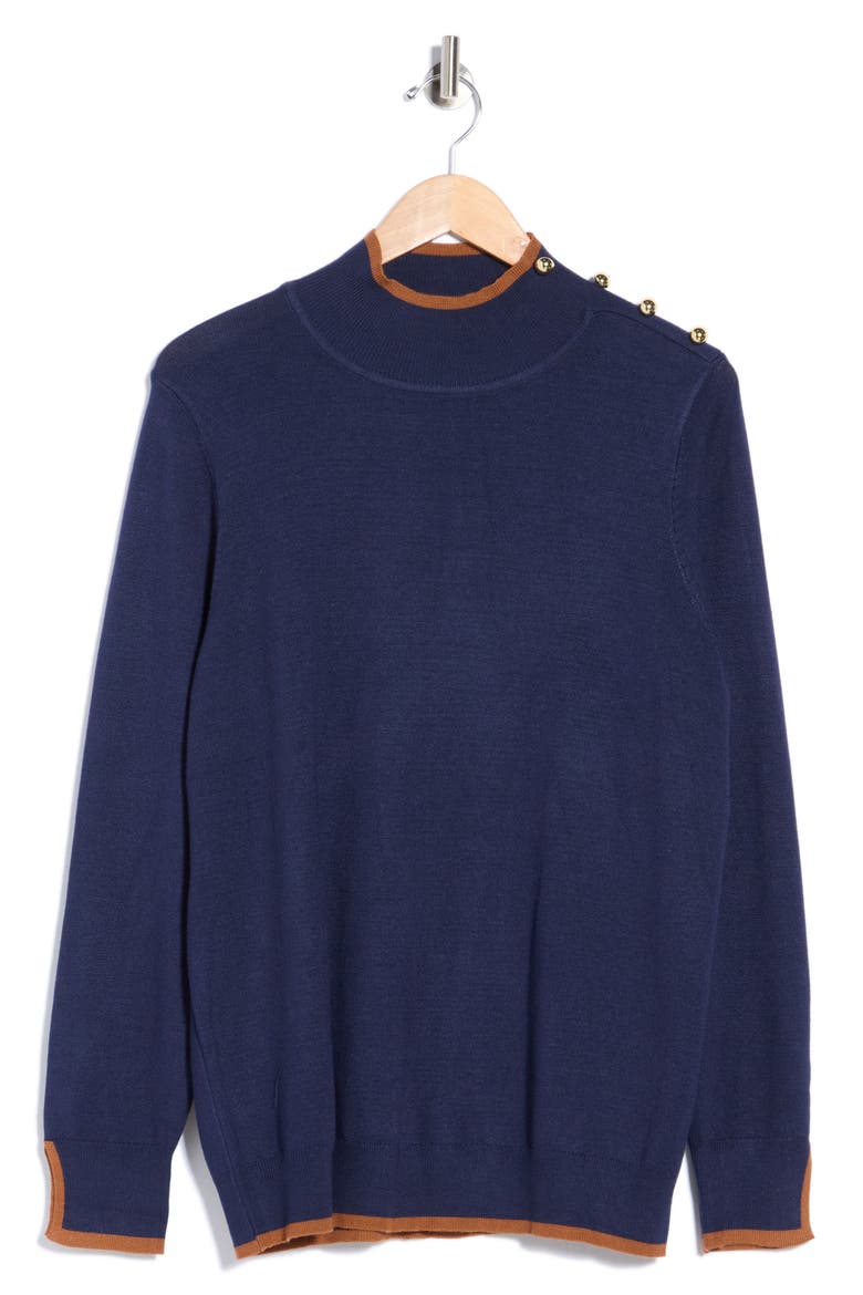 Tipped Mock Neck Sweater, Main, color, NAVY YARD/ MOCHA BISQUE