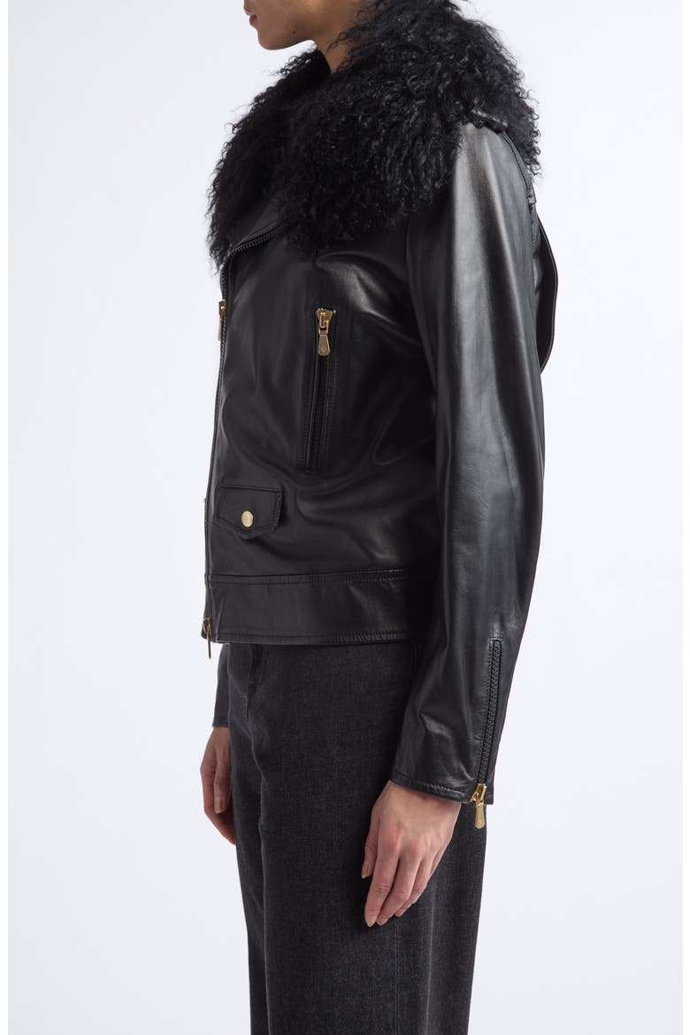 Genuine Shearling Collar Leather Biker Jacket, Alternate, color, 22 BLACK