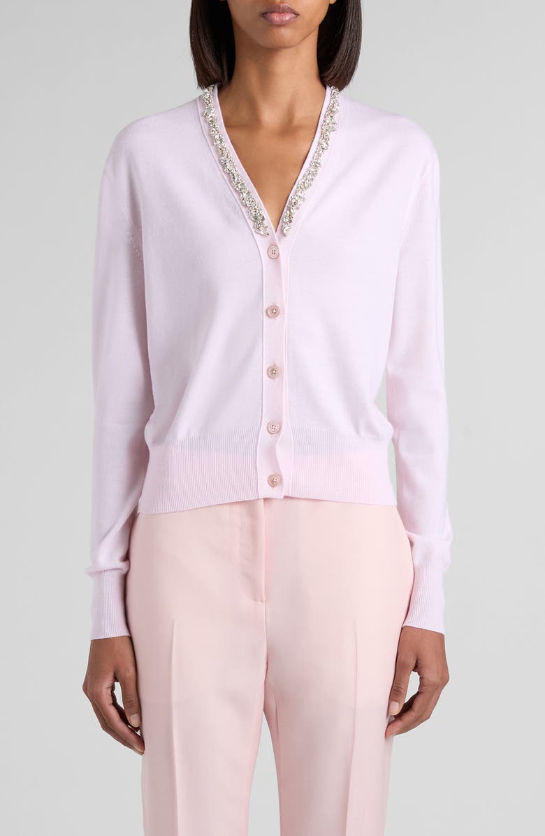 McQueen Crystal Stencil Wool Cardigan, Main, color, Rose/ Crystal