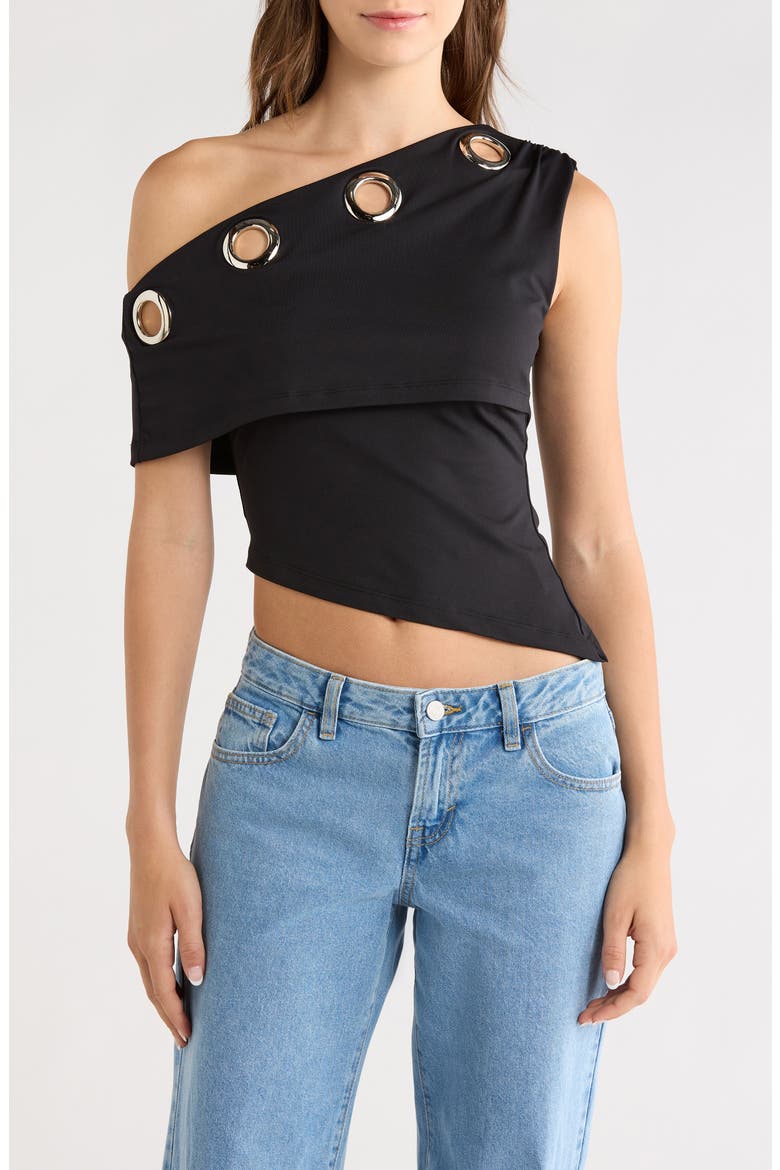 Noteworthy Grommet One-Shoulder Asymmetric Top, Main, color, BLACK