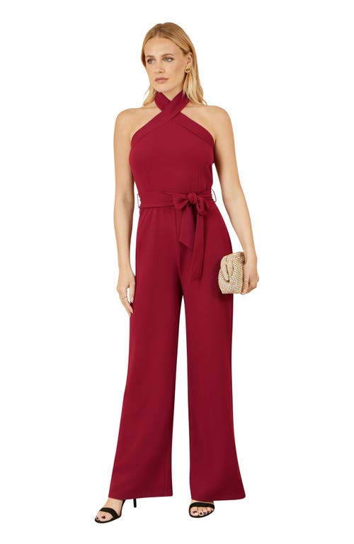 Yumi Cross Over Halter Neck Jumpsuit In Burgundy
