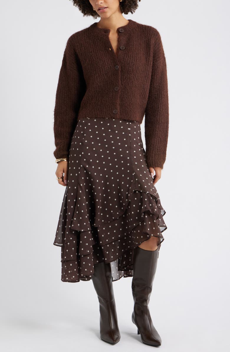 Open Edit Layered Asymmetric Chiffon Midi Skirt, Alternate, color, Brown Bea Dot