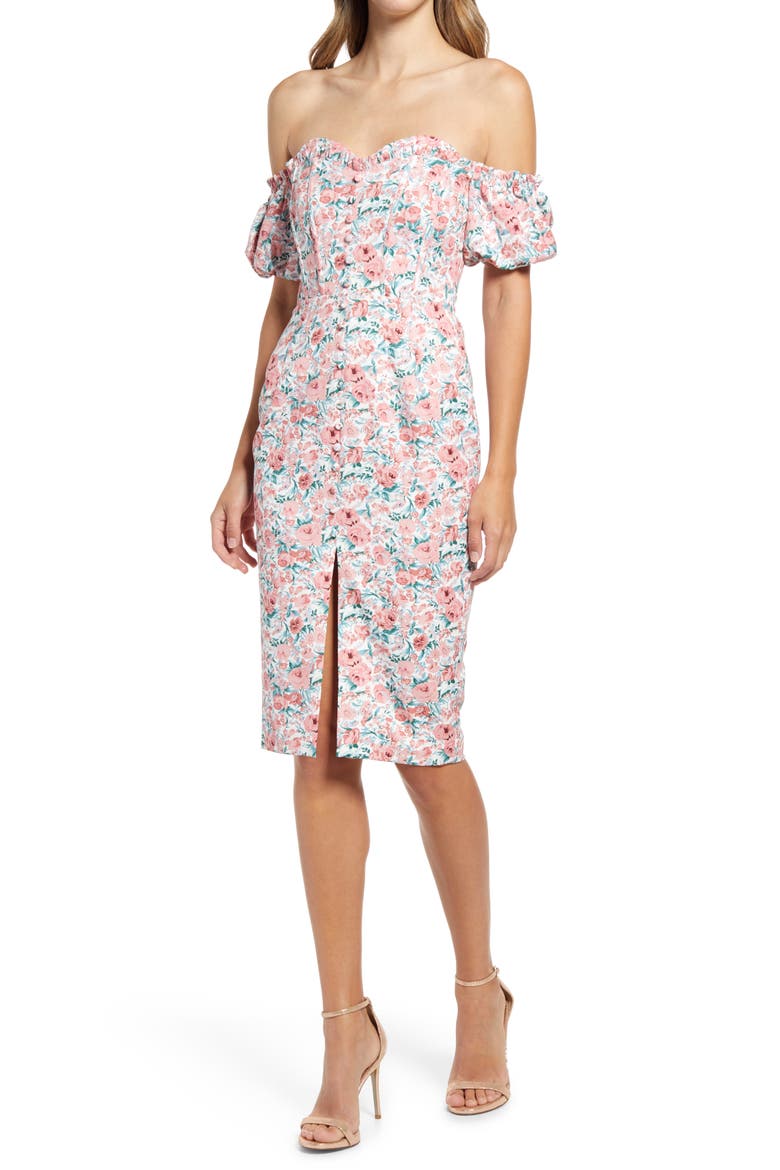 Bonded Floral Off the Shoulder Puff Sleeve Satin Dress, Main, color, CORAL FLORAL