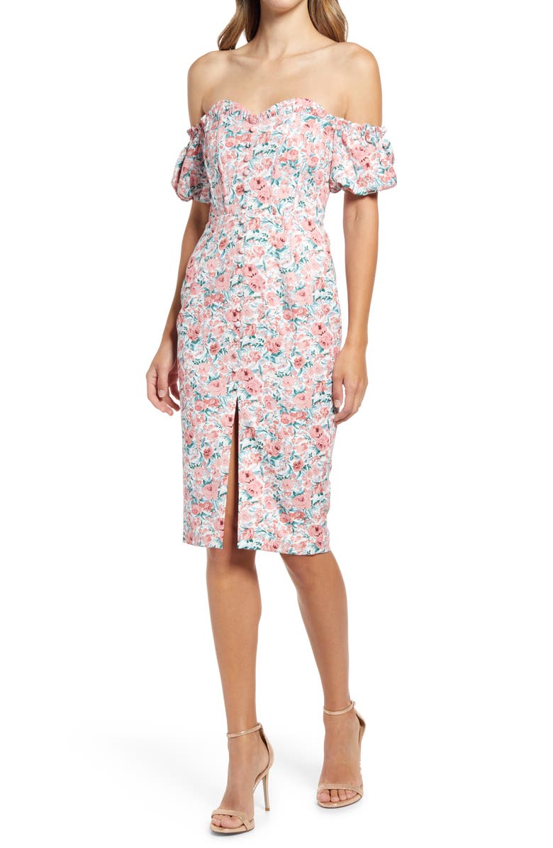 Lavish Alice Bonded Floral Off the Shoulder Puff Sleeve Satin Dress, Main, color, 