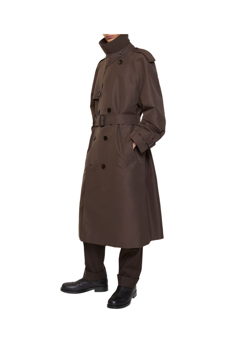 Long Check Collar Silk Cotton Trench Coat, Alternate, color, Shade brown