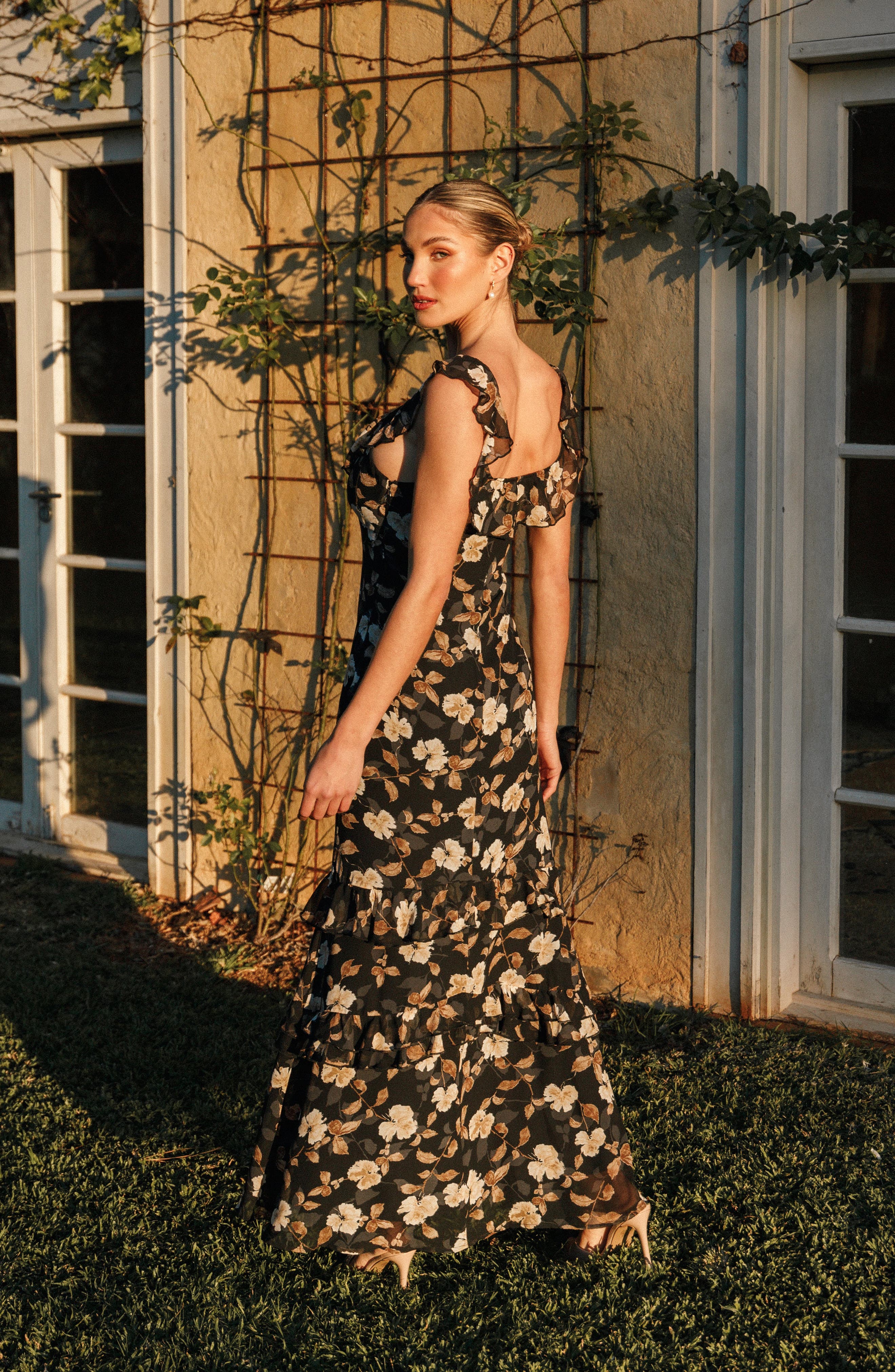 black and brown floral dress Beloved Bloom Embroidered Floral Maxi Dress VICI