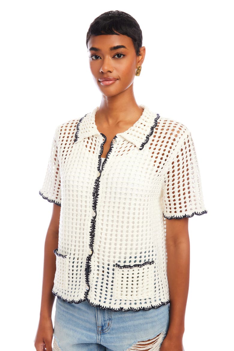 Gemma Open Knit Button-Up Shirt, Alternate, color, OFF WHITE / NAVY