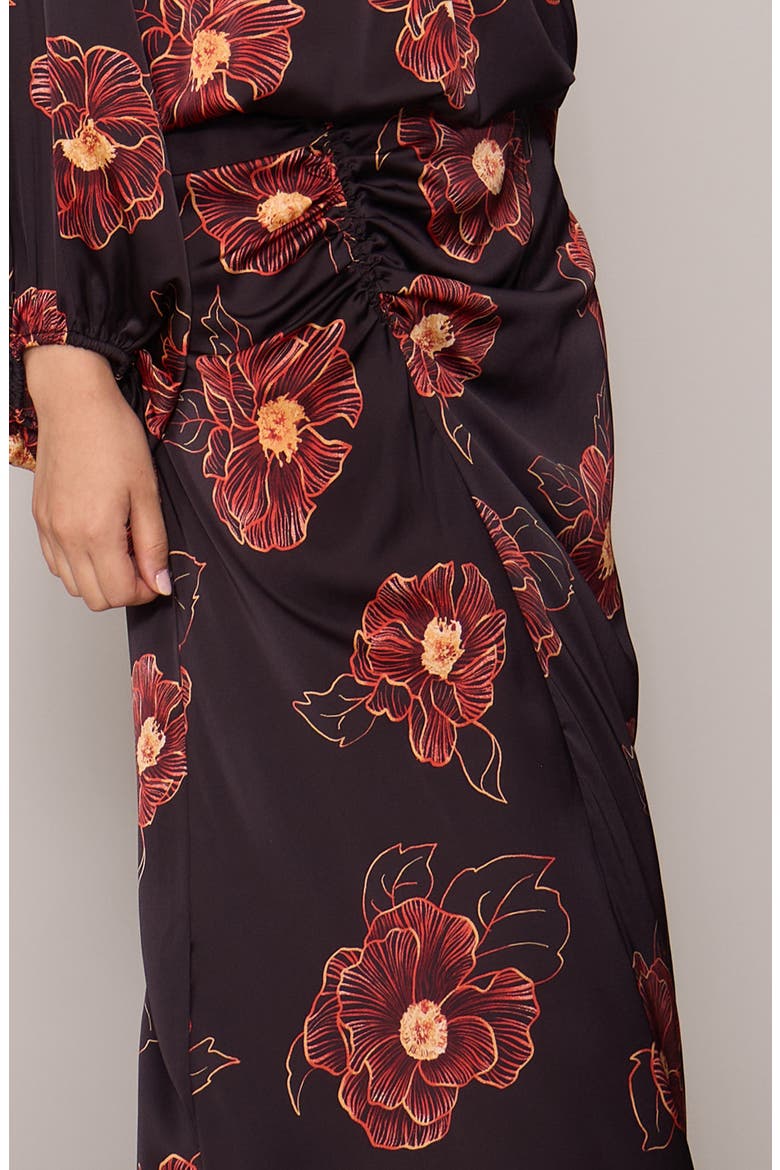 Floral Satin Ruched Midi Skirt, Alternate, color, BLACK FIERY ORANGE FLORAL