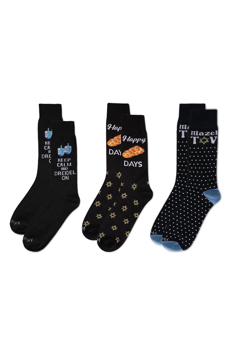 MeMoi Assorted 3-Pack Hannukah Crew Socks, Alternate, color, Black