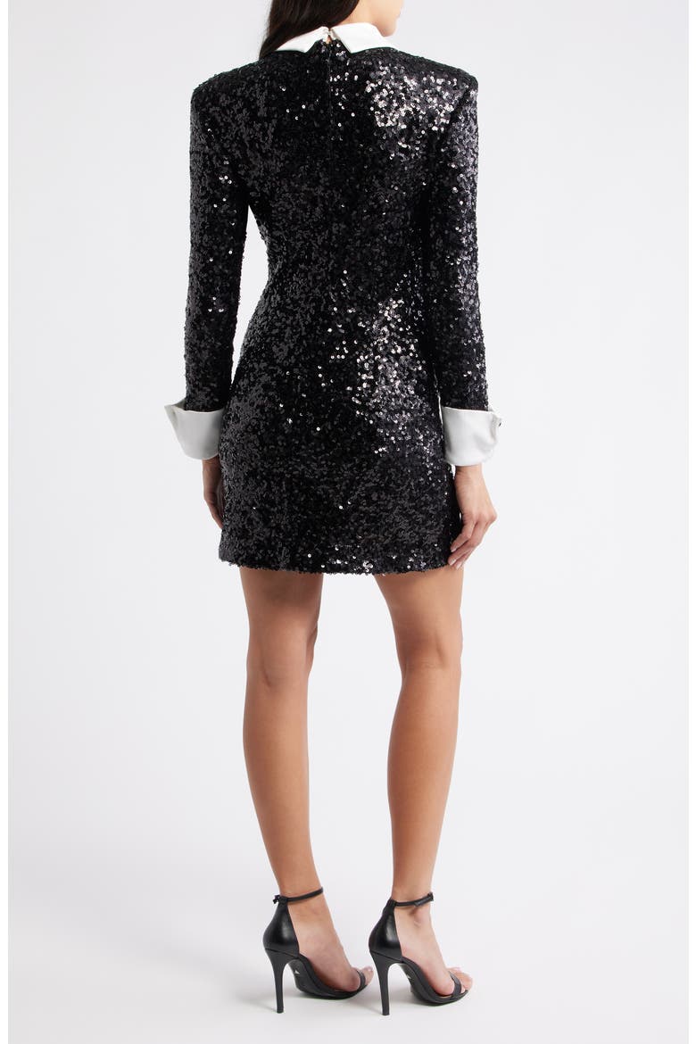 Collared Long Sleeve Sequin Minidress, Alternate, color, BLACK WHITE