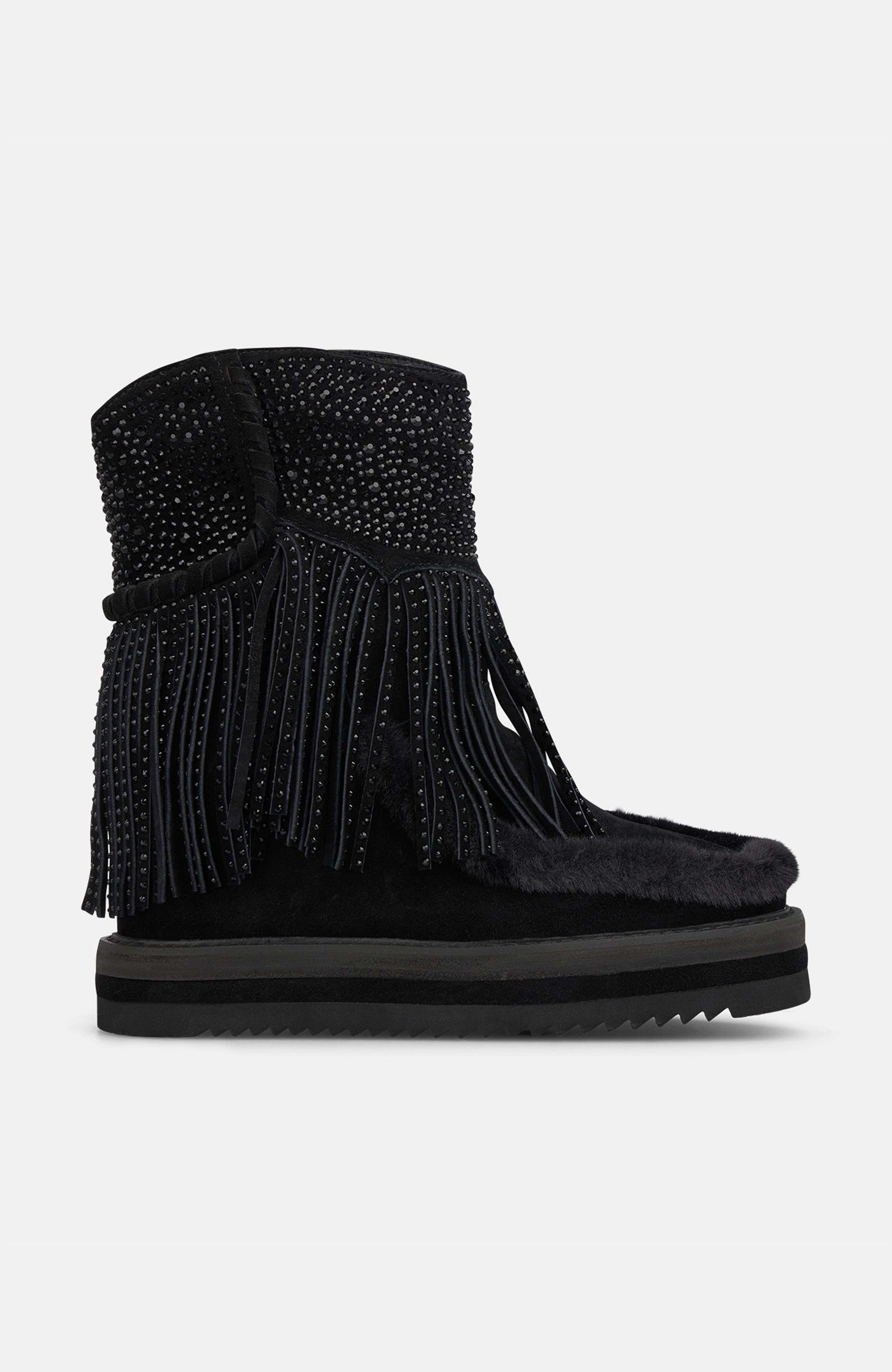 Fur Fringed Bootie, Alternate, color, Black