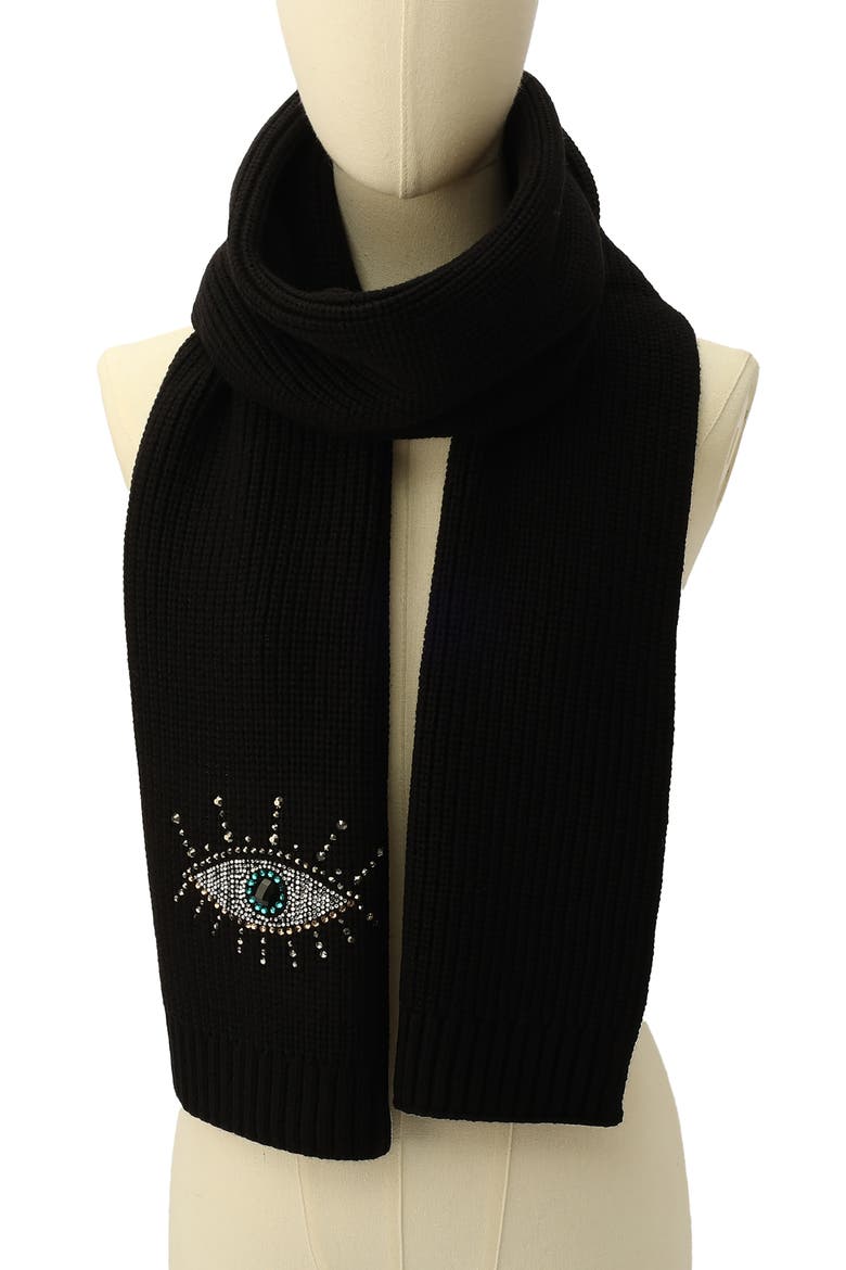 Evil Eye Crystal Embellished Scarf, Alternate, color, BLACK