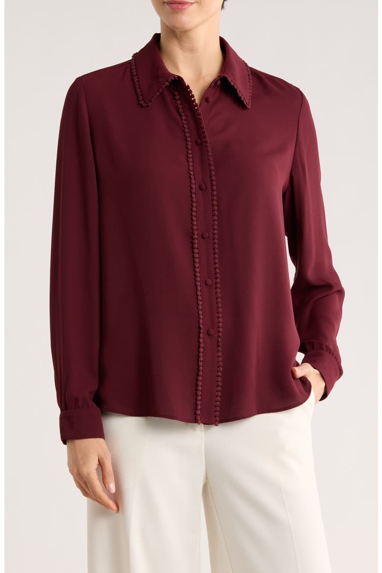 Lace Trim Button-Up Shirt, Main, color, BURGUNDY