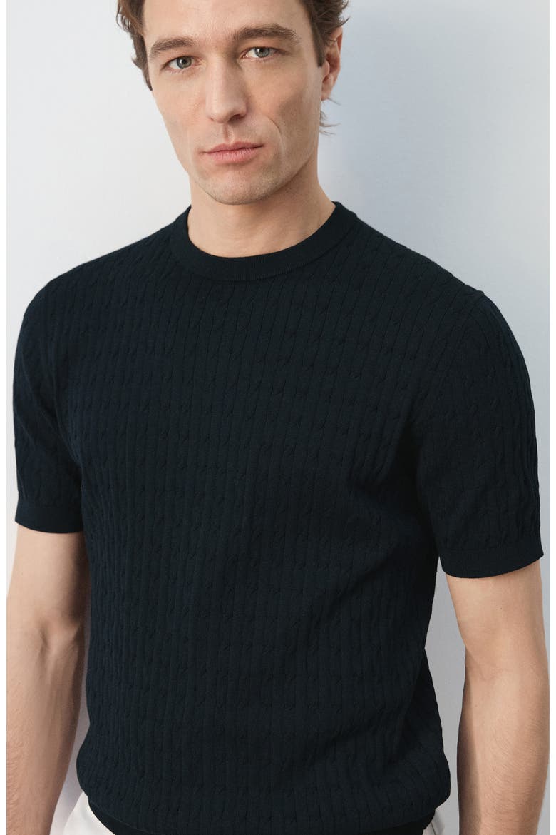 Cable Stitch Short Sleeve Cotton Sweater, Alternate, color, NIGHT BLUE