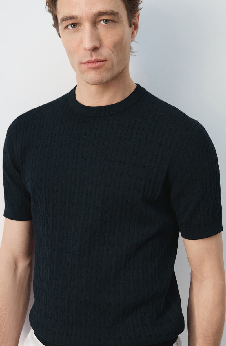 MANGO Cable Stitch Short Sleeve Cotton Sweater, Alternate, color, Night Blue
