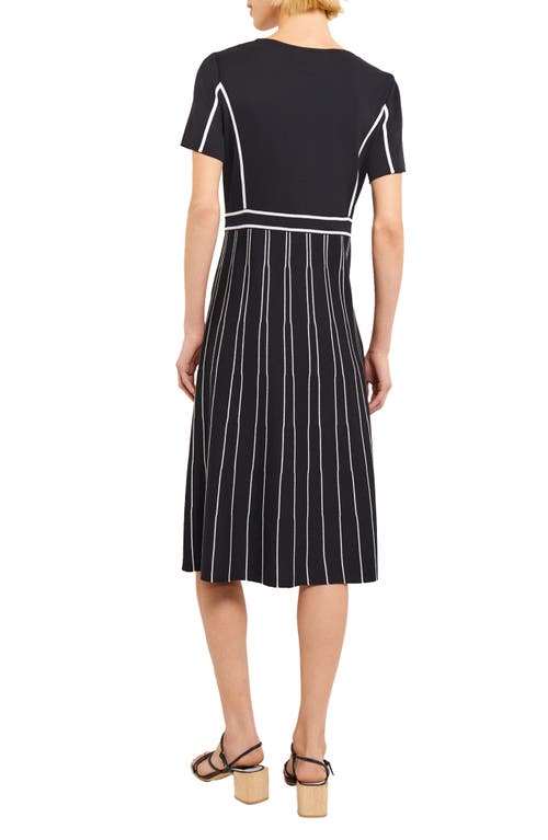 Misook Contrast Striped A-line Soft Knit Midi Dress In Black/white