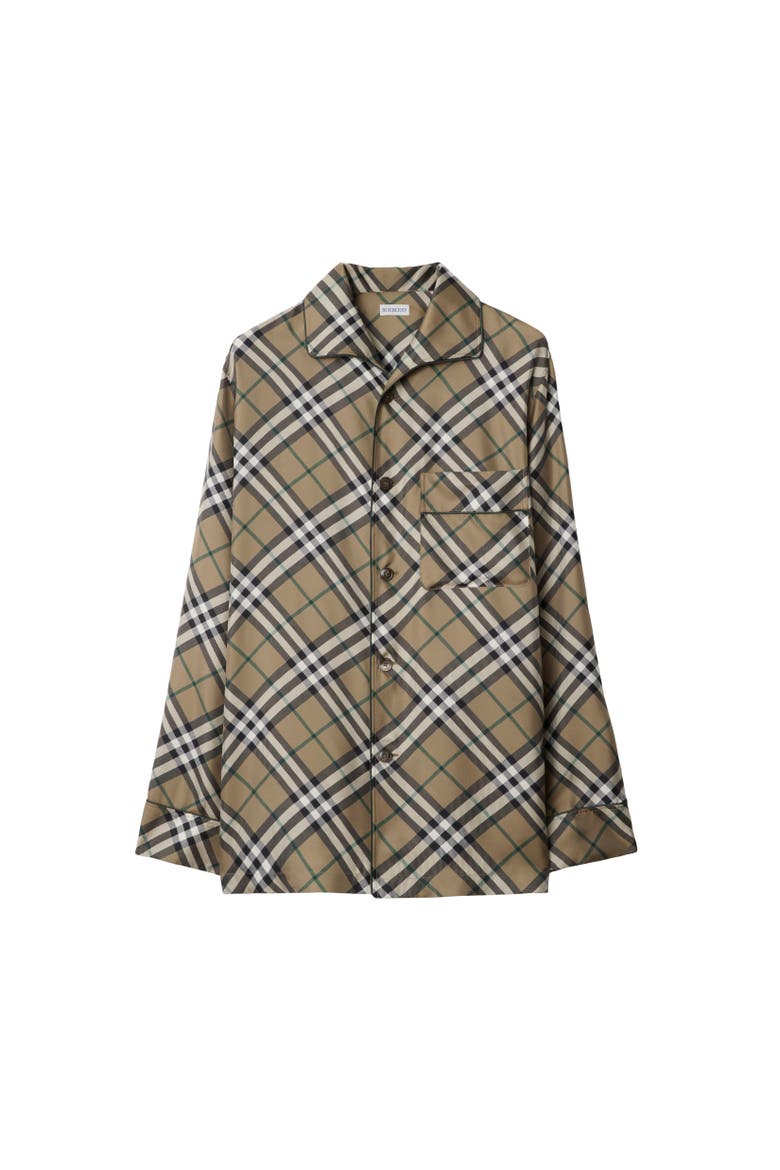 Check Silk Pyjama Shirt, Alternate, color, Linden beige