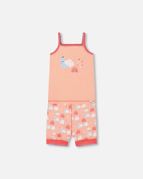 Girl's Organic Cotton Tank Top And Shorts Pajama Set Rainbow On Light Coral