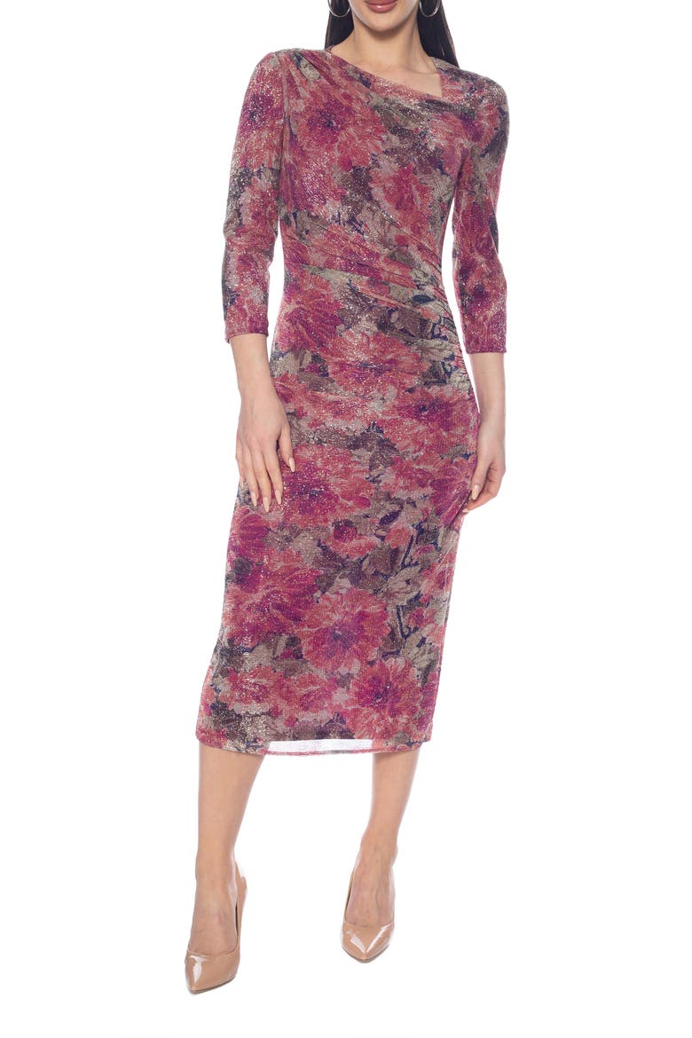 Printed Metallic Ruched Maxi Dress, Main, color, FUCHSIA MULTI