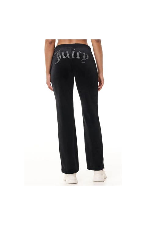 Rib Waist Long Velour Pant With Back Bling, Liquorice