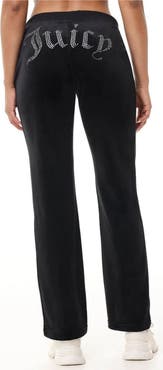 Juicy Couture Rib Waist Long Velour Pant With Back Bling, Liquorice