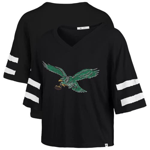 47 Brand '47 Black Philadelphia Eagles Premier Scout Cropped V-neck T-shirt In Black