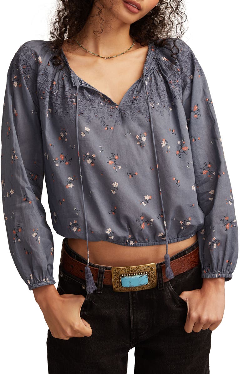 Lucky Brand Embroidered Peasant Top, Main, color, Navy Multi