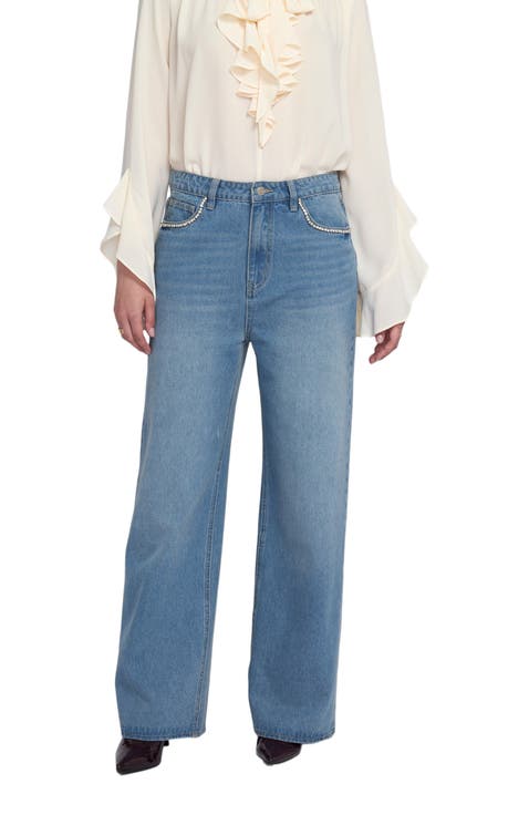 Rhinestone Pocket Jean Wide-Leg Pants