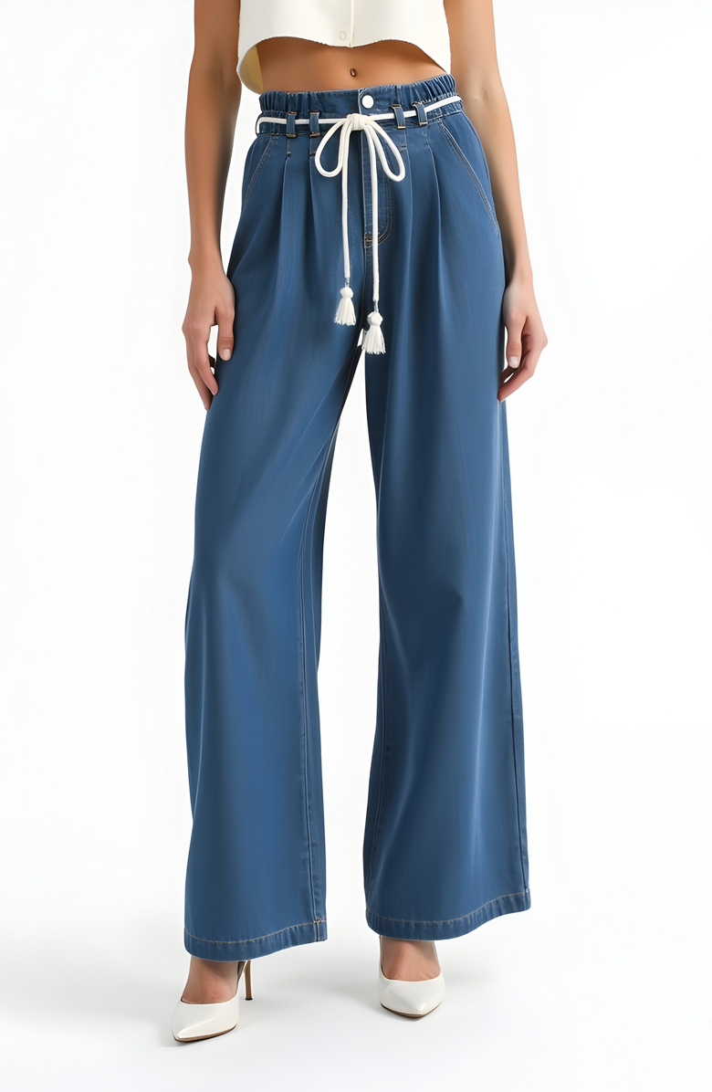 Modenaire Wide Leg Denim Pants with Tassel Drawstring Waist and Pleat Detail, Main, color,