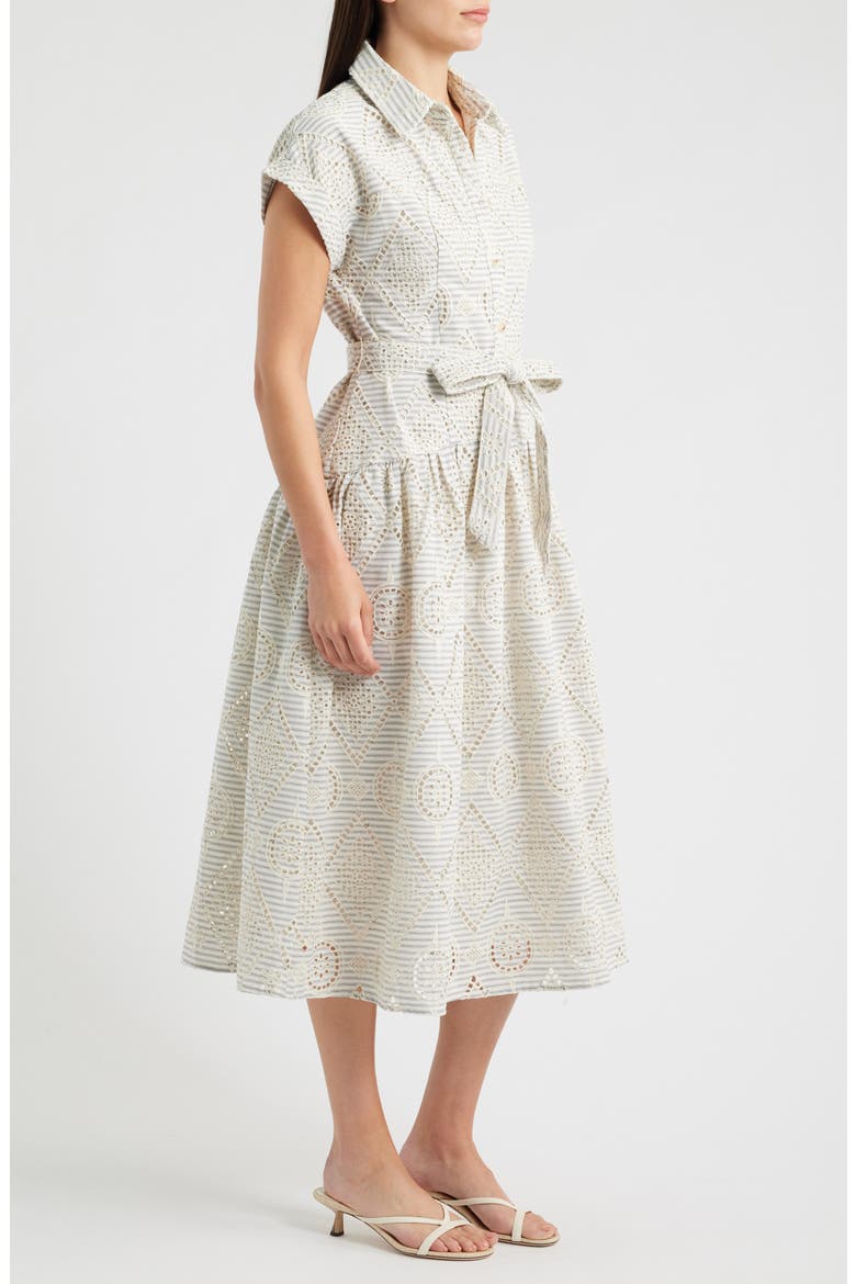 Stripe Eyelet Tie Waist Midi Dress, Alternate, color, CREAM