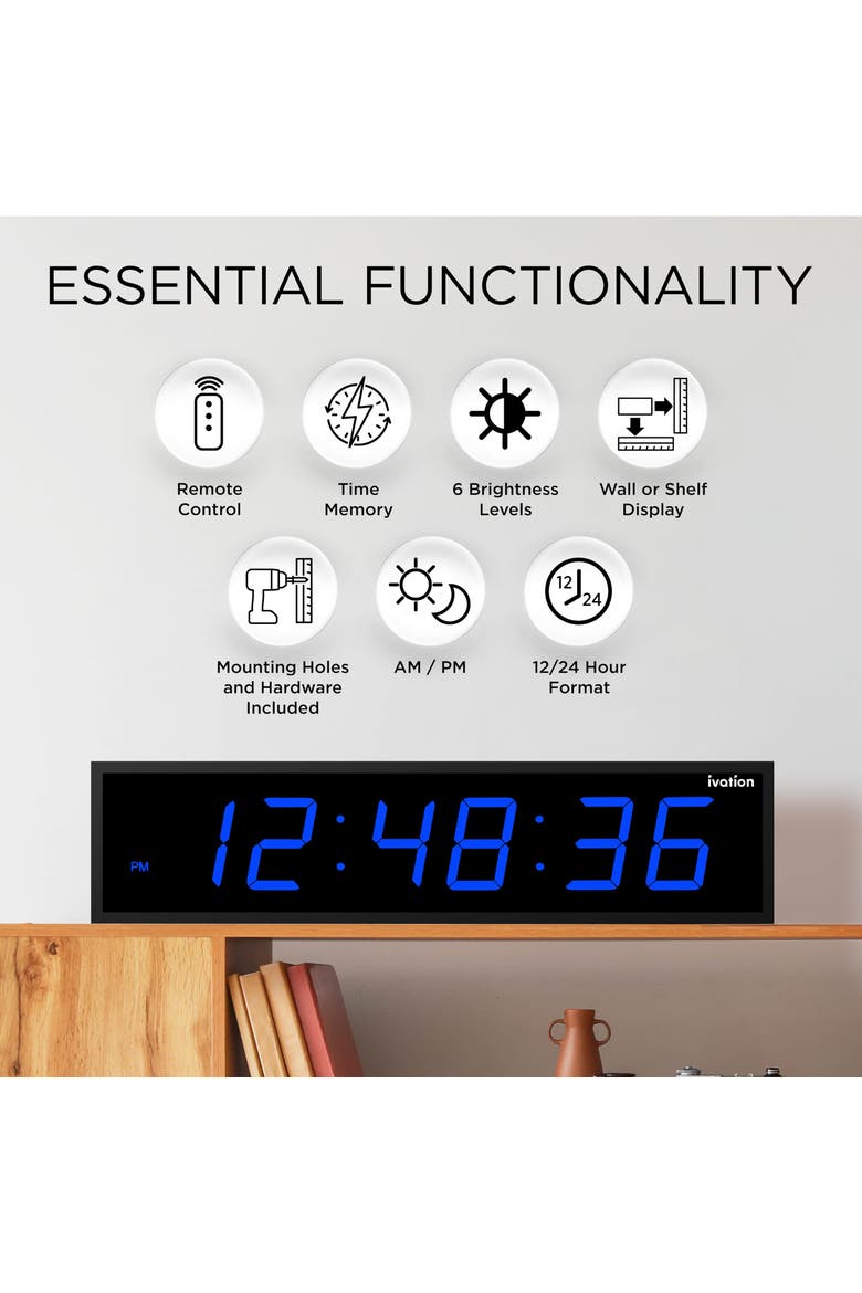 Large Digital Clock, 24 Led Wall Clock with 6-Level Brightness & Mounting Hardware, Alternate, color, Blue