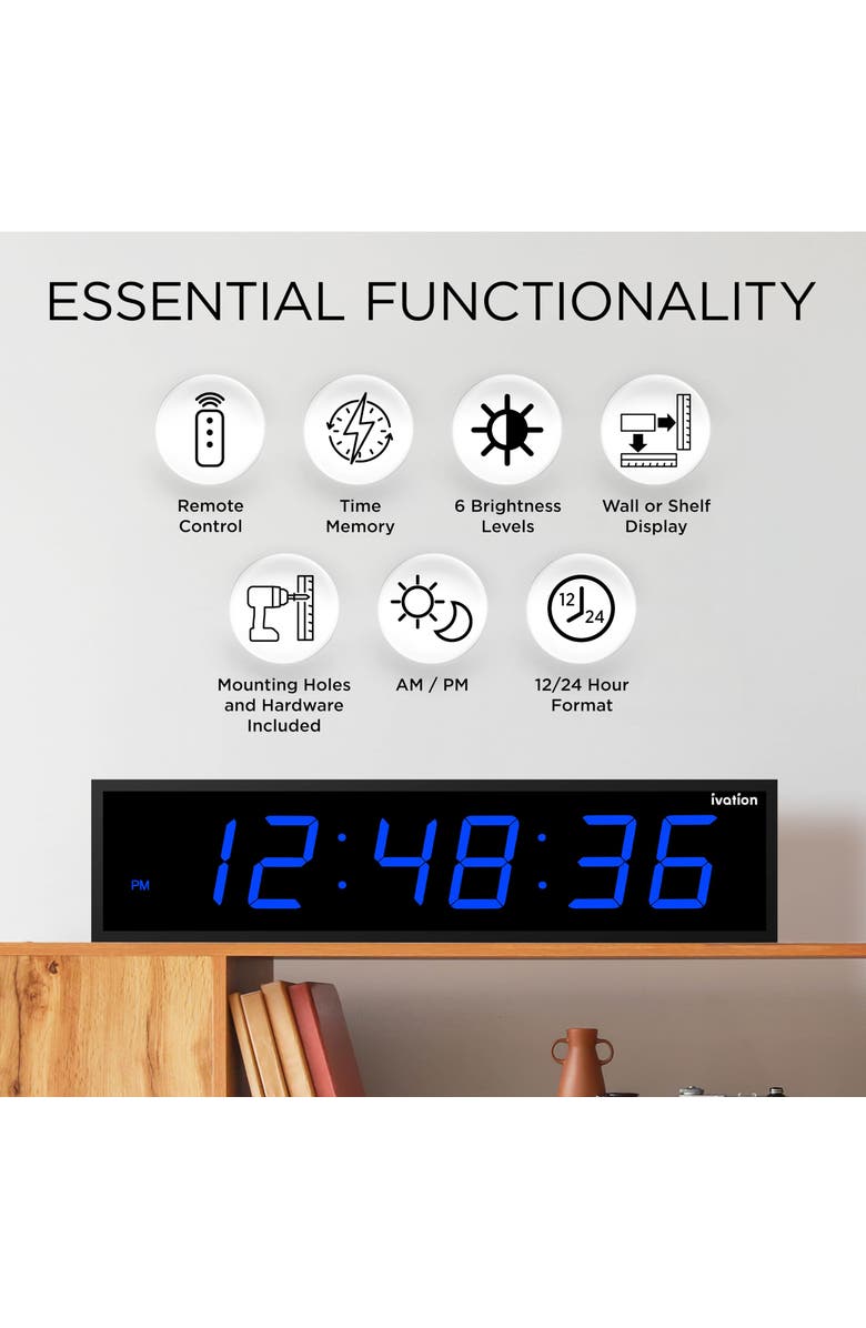 Ivation Large Digital Clock, 30 Led Wall Clock with 6-Level Brightness & Mounting Hardware, Alternate, color, Blue