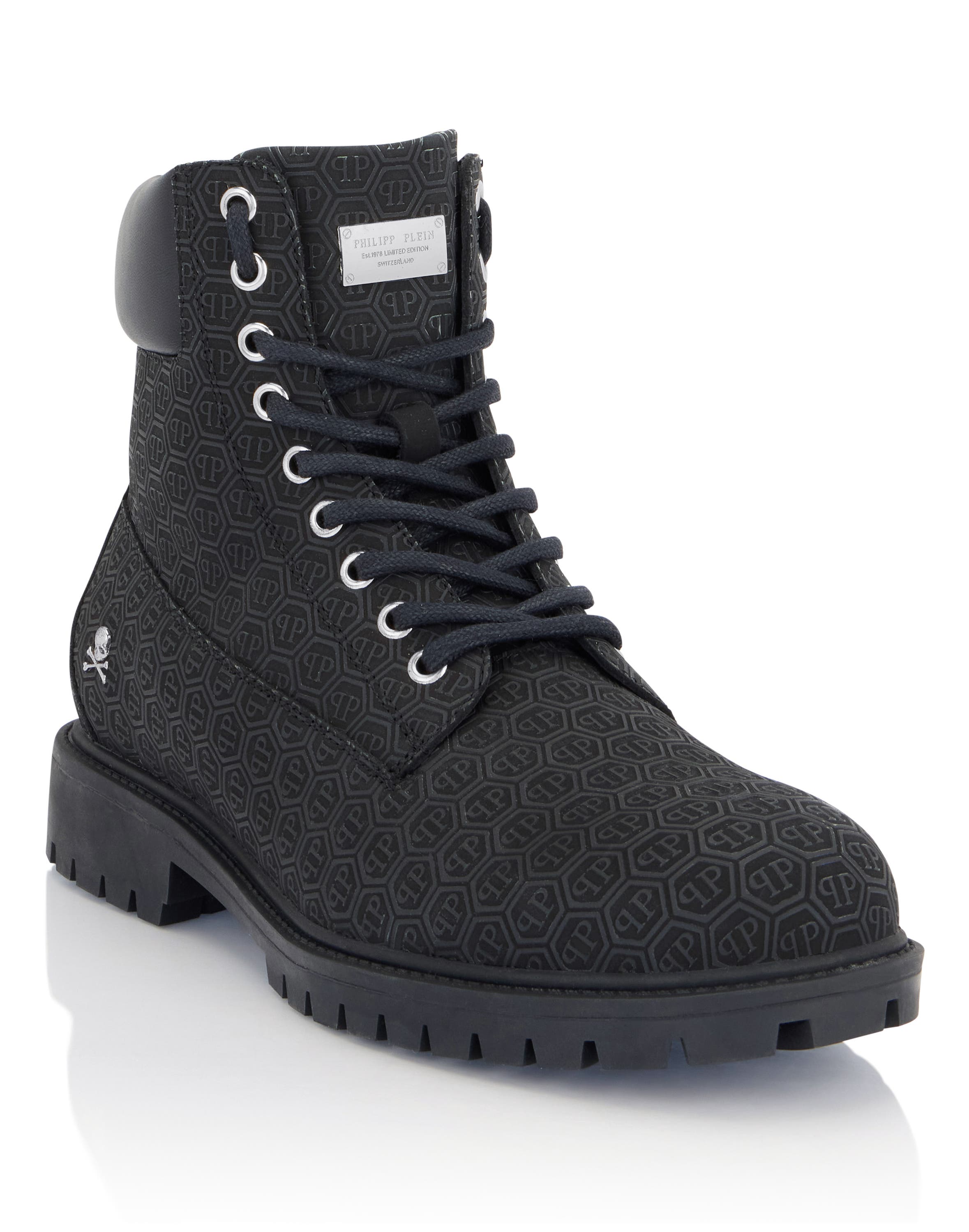 Nubuck Leather Mid Boots Monogram Men, Main, color, black/black