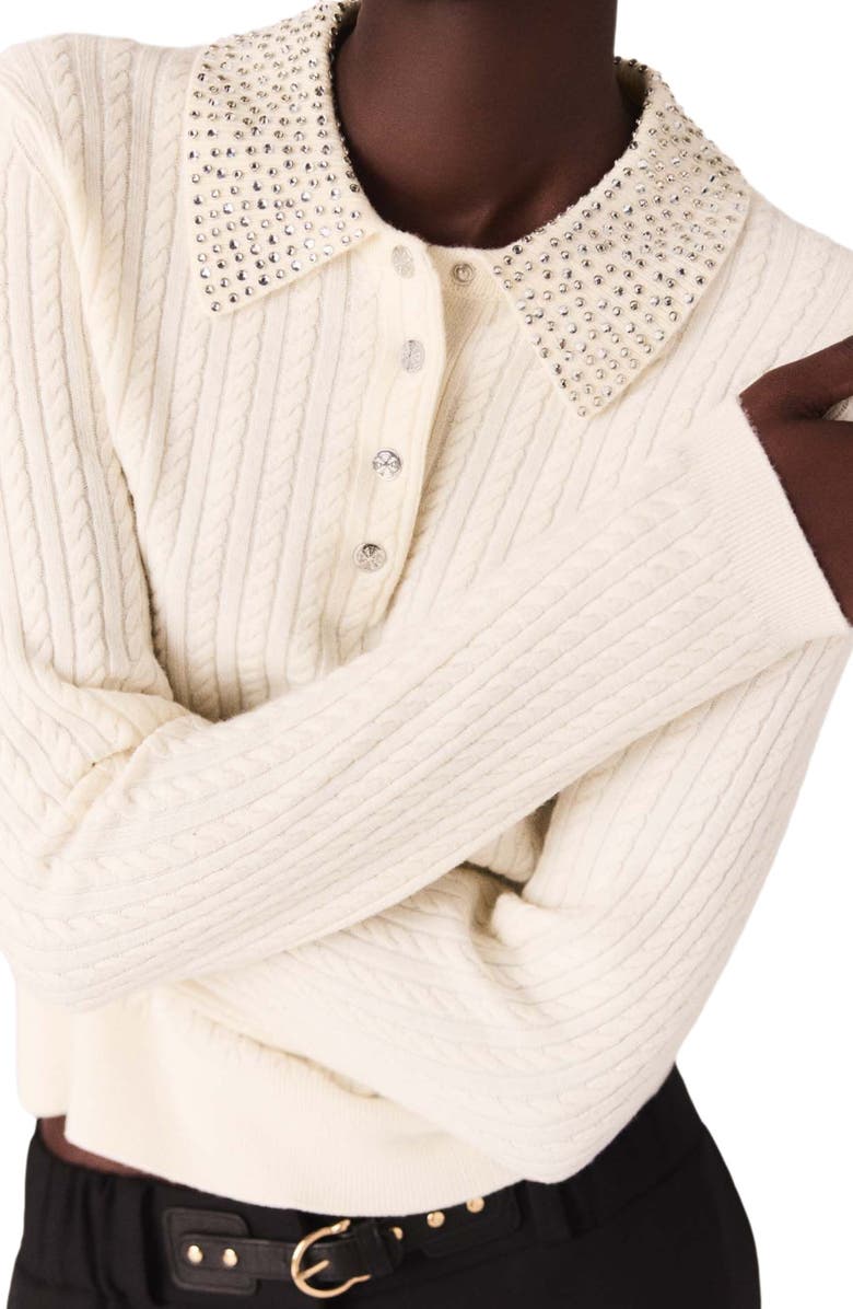 maje Knit polo shirt with rhinestone collar, Alternate, color, Ecru