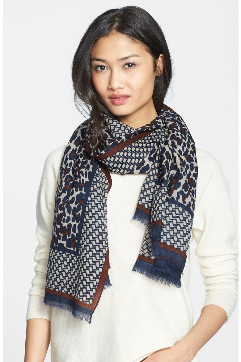 'Reva - Leopard' Wool Gauze Scarf, Main, color, NAVY MULTI