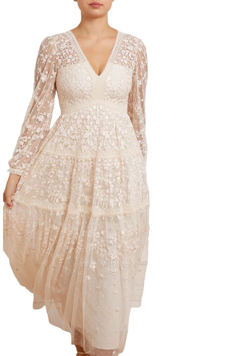 Celestia Ribbon Long Sleeve V-Neck Gown, Alternate, color, Champagne