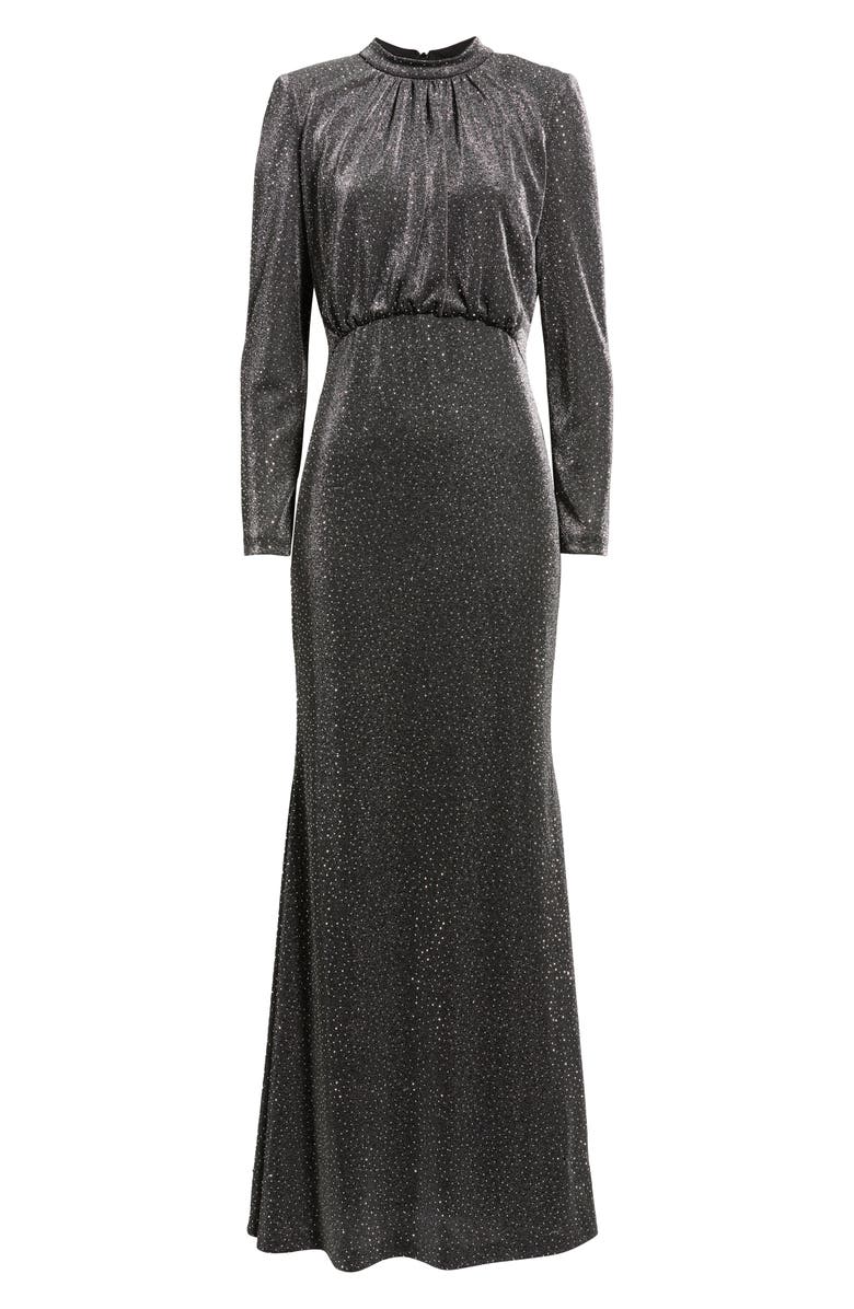 Vince Camuto Metallic Rhinestone Long Sleeve Mermaid Gown, Alternate, color, Black Silver