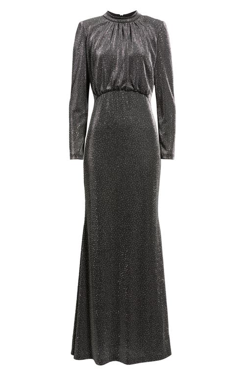 Vince Camuto Metallic Rhinestone Long Sleeve Mermaid Gown In Gray