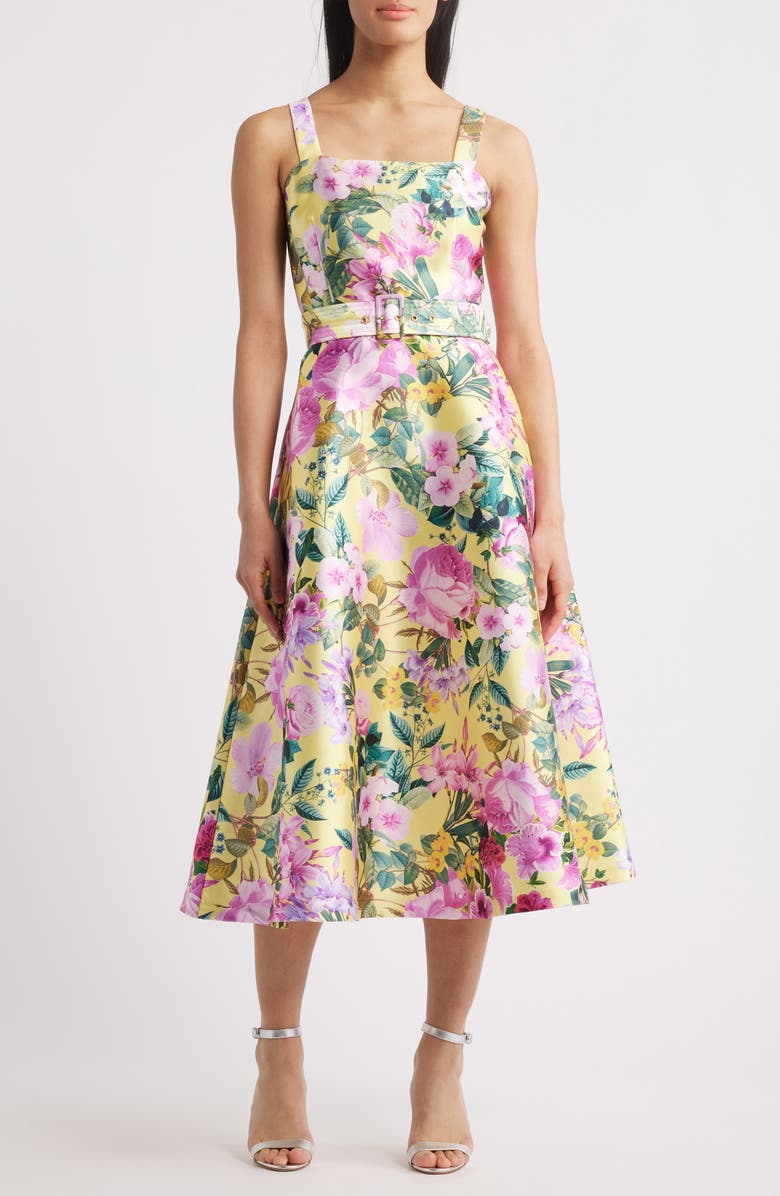 Julia Jordan Floral Belted Fit & Flare Midi Dress, Main, color, Yellow Multi