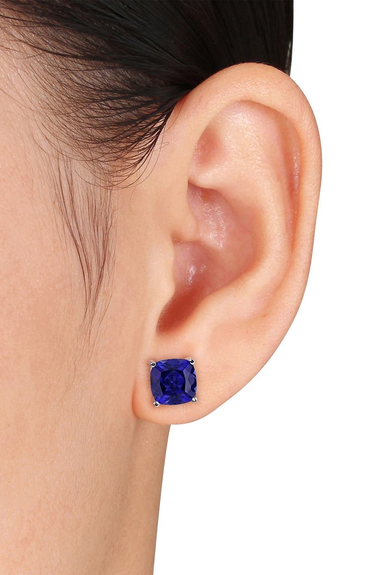 Sterling Silver Created Blue Sapphire Cushion Stud Earrings, Alternate, color, blue