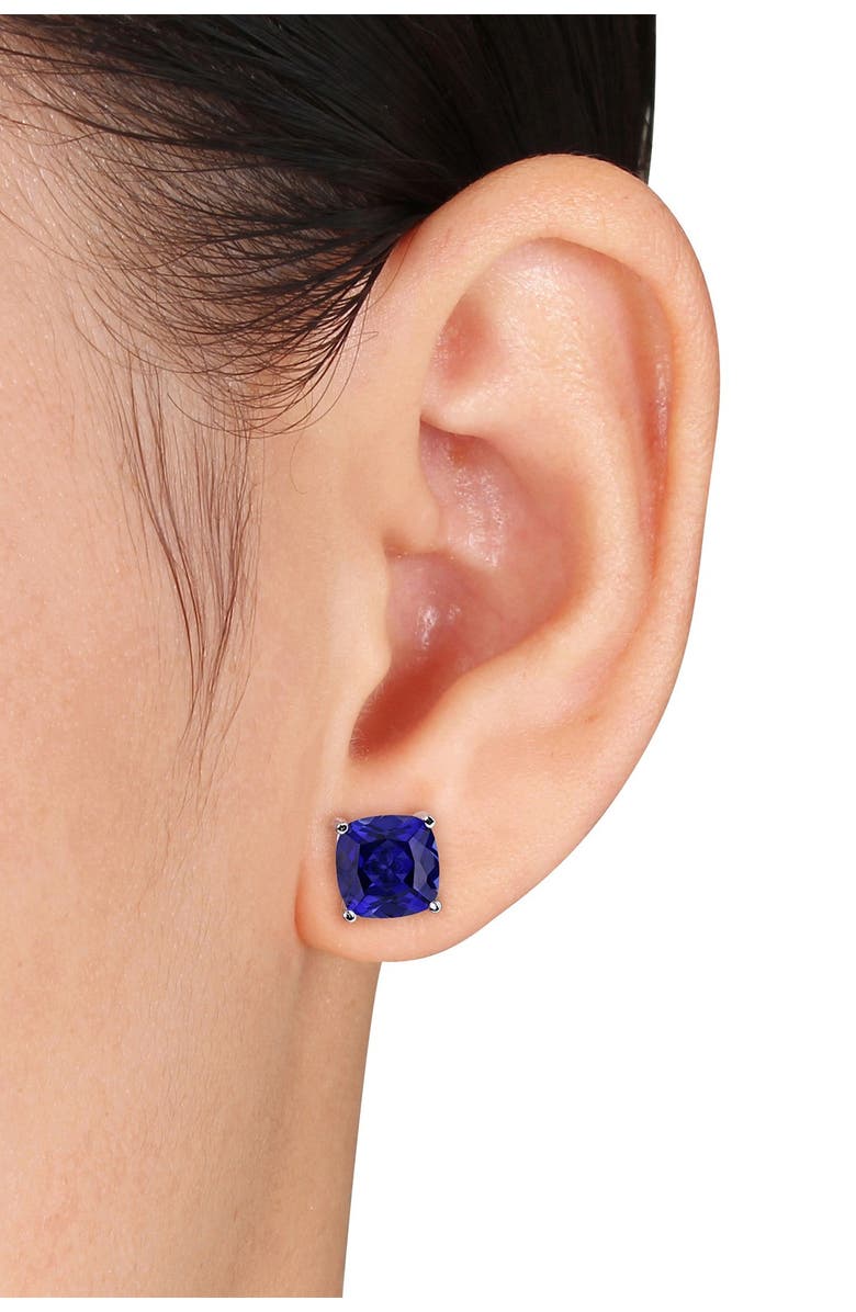 DELMAR Sterling Silver Created Blue Sapphire Cushion Stud Earrings, Alternate, color, Blue