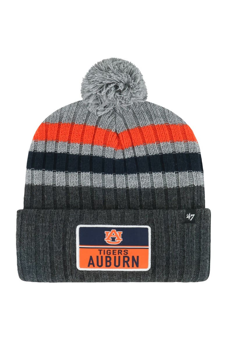 Men's '47 Charcoal Auburn Tigers Stack Striped Cuffed Knit Hat with Pom, Main, color, Charcoal