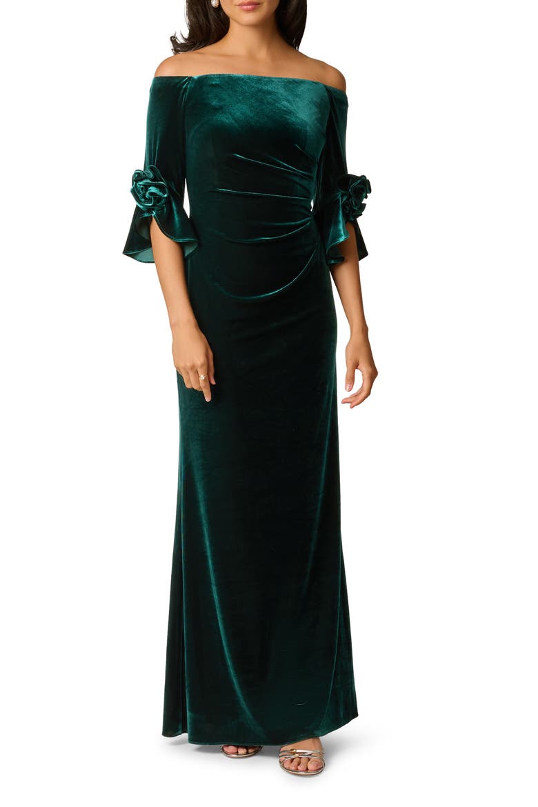 Bell Sleeve Off the Shoulder Stretch Velvet Rosette Gown, Main, color, HUNTER