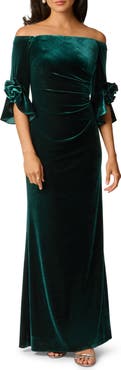Adrianna Papell Bell Sleeve Off the Shoulder Stretch Velvet Rosette Gown