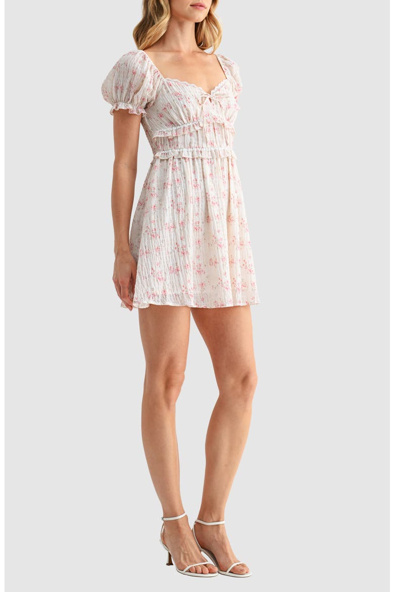 Floral Print Puff Sleeve Smocked Minidress, Alternate, color, CREAM PINK