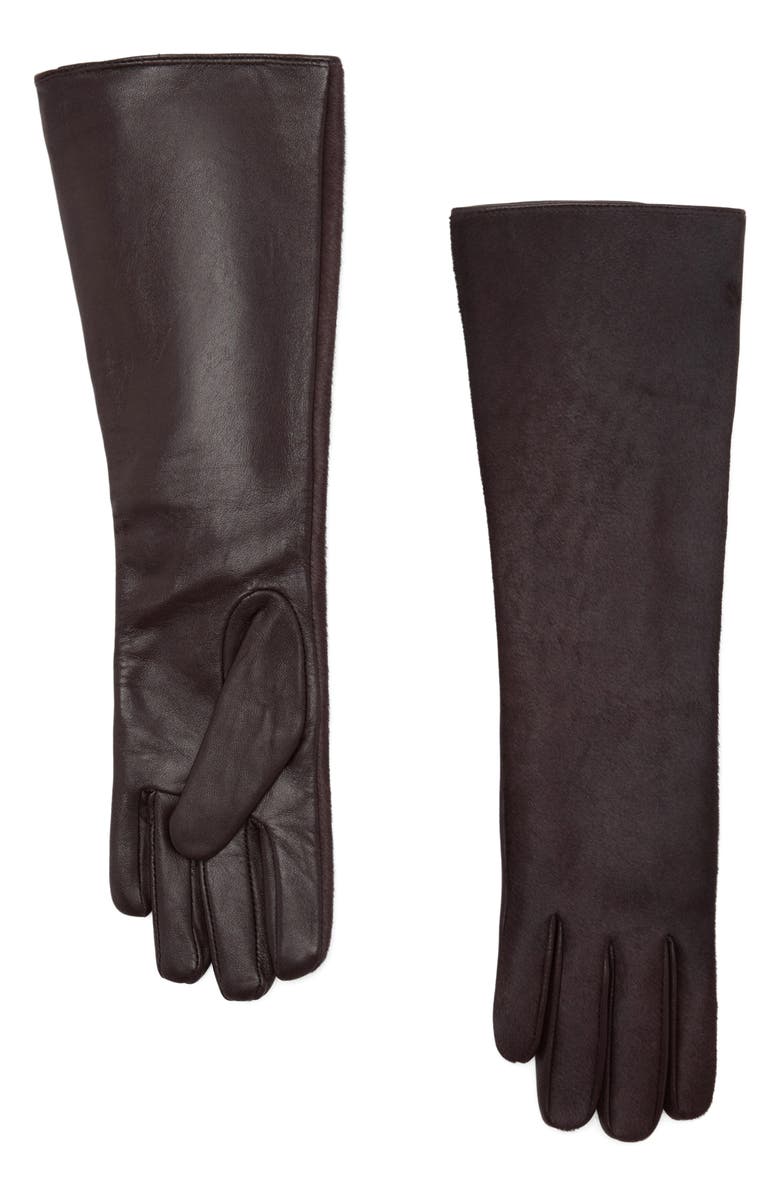 MANGO Long Leather Gloves with Faux Fur Trim, Main, color, Chocolate