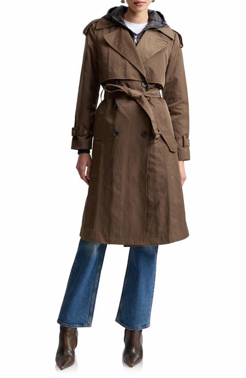 Crinkled Nylon Trench Coat with Hooded Bib Inset