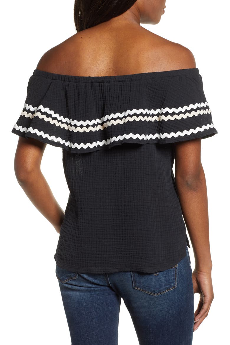 Gibson x Hi Sugarplum! Santa Fe Rickrack Off the Shoulder Top (Nordstrom Exclusive), Alternate, color, BLACK
