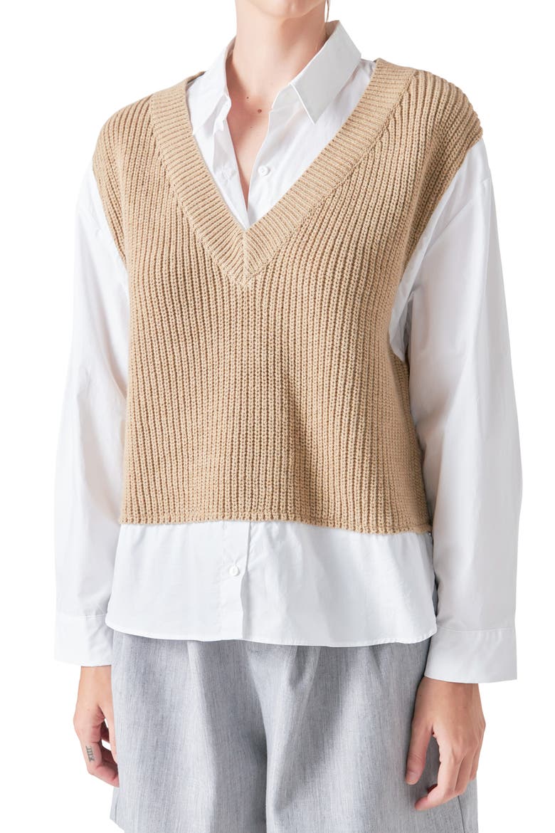 Layered Look Sweater & Shirt, Alternate, color, TAN/WHITE